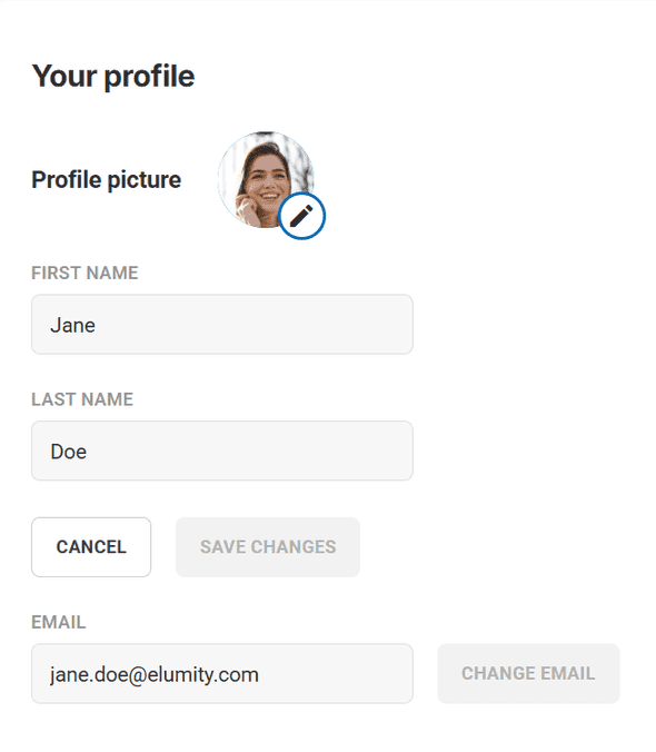 Profile settings interface showing name and email fields