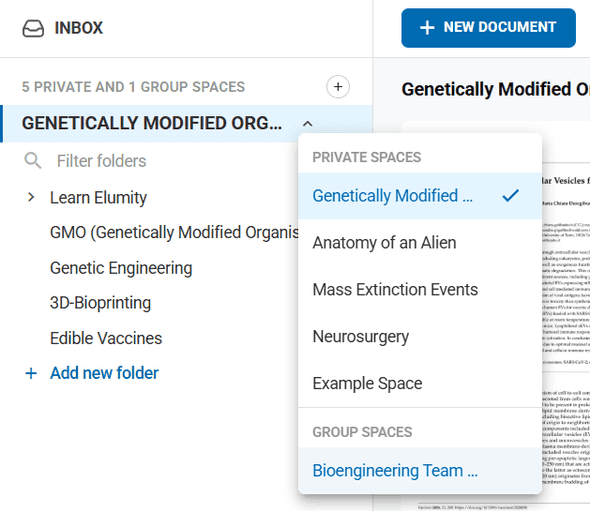 Left sidebar showing inbox, private spaces and group spaces