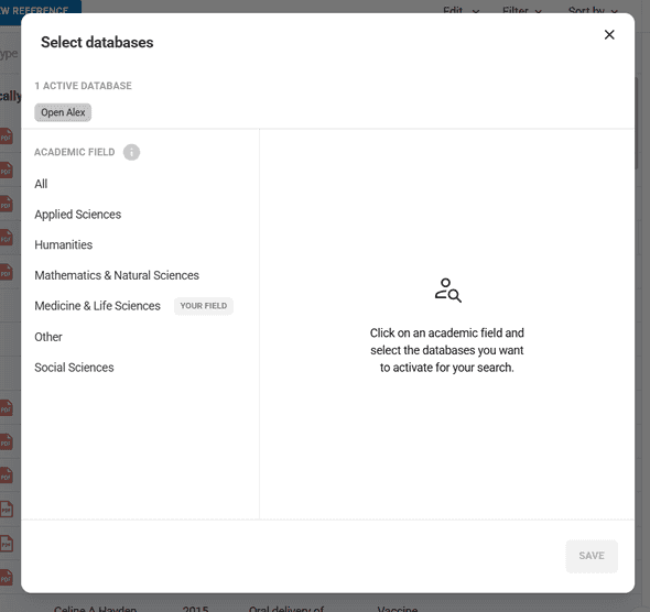 OpenAlex search interface showing search field and database selection